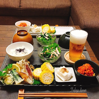 舞茸、ズッキーニ、みょうがの天ぷら/ゆで鶏とほうれん草の柚子胡椒和え/ゆでトウモロコシ/千切り長芋/人参ツナ炒め
